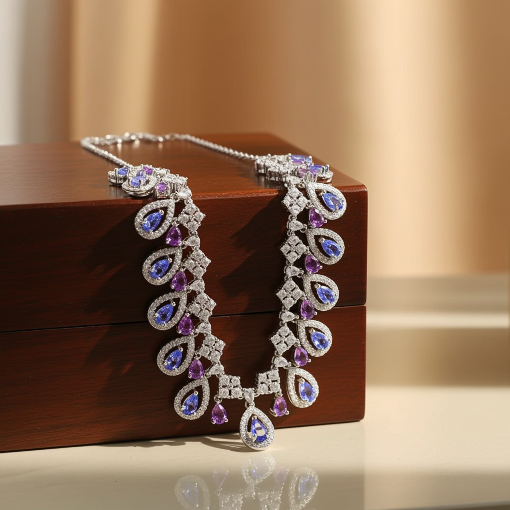 Natural Amethyst & Purple Tanzanite Gemstone Charm Necklace 925 Sterling Silver