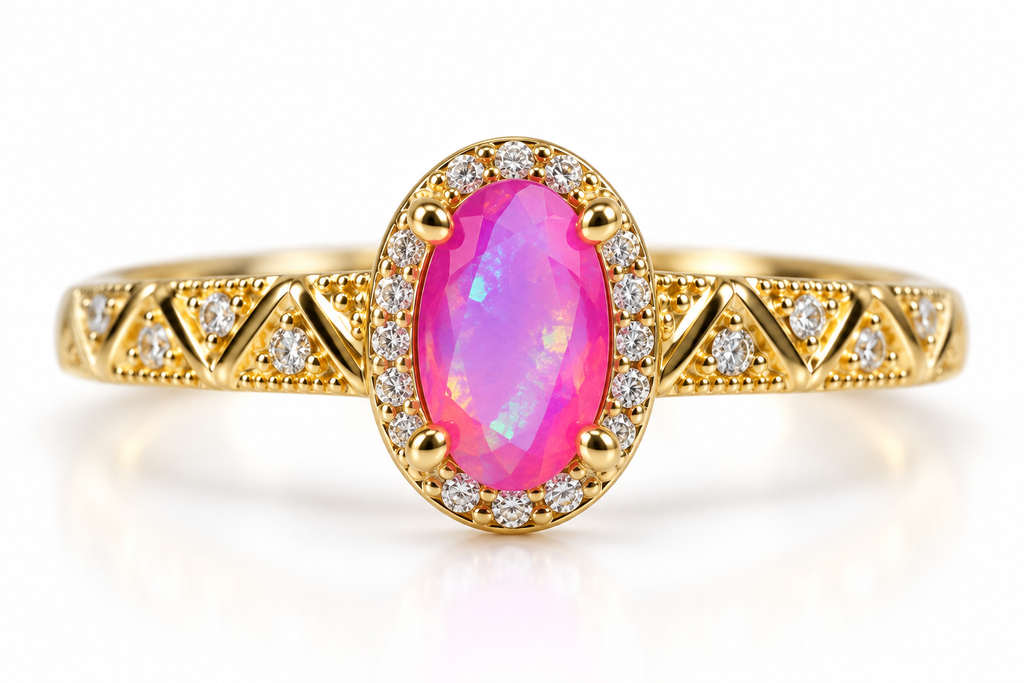 4x8mm dyed pink Australian fire opal halo ring in Gold Plated sterling silver with sparkling cubic zirconia and an extended vintage zigzag band on a white background.
