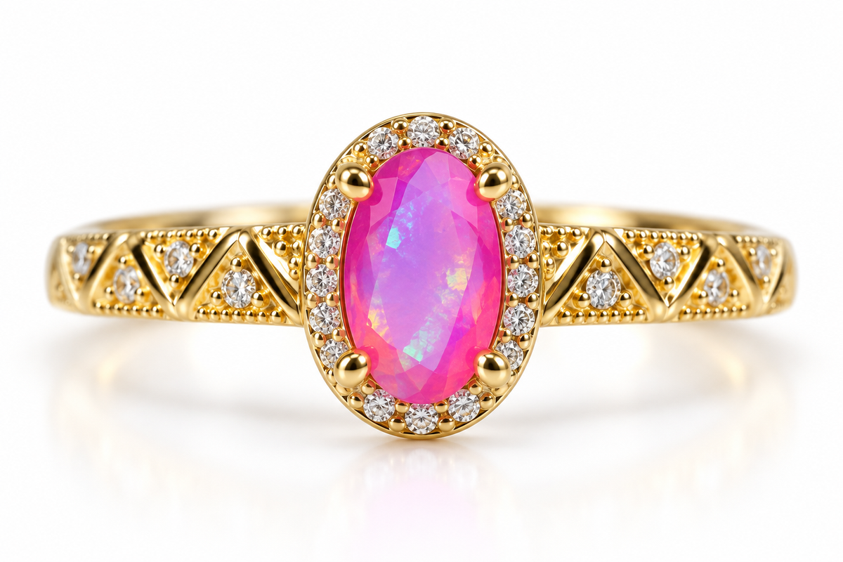 4x8mm dyed pink Australian fire opal halo ring in Gold Plated sterling silver with sparkling cubic zirconia and an extended vintage zigzag band on a white background.