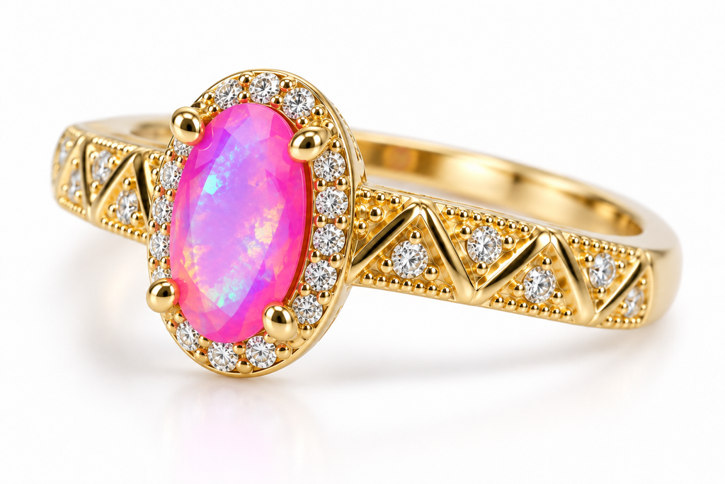 Angled view of a 4x8mm pink Australian opal halo ring featuring an elongated oval gemstone, clear cubic zirconia halo, and detailed gold plated zigzag shoulders.