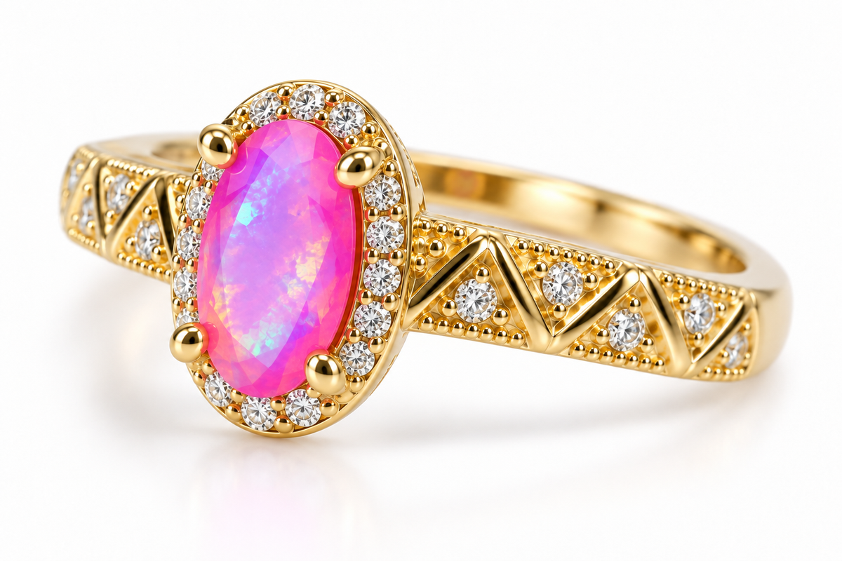 Angled view of a 4x8mm pink Australian opal halo ring featuring an elongated oval gemstone, clear cubic zirconia halo, and detailed gold plated zigzag shoulders.