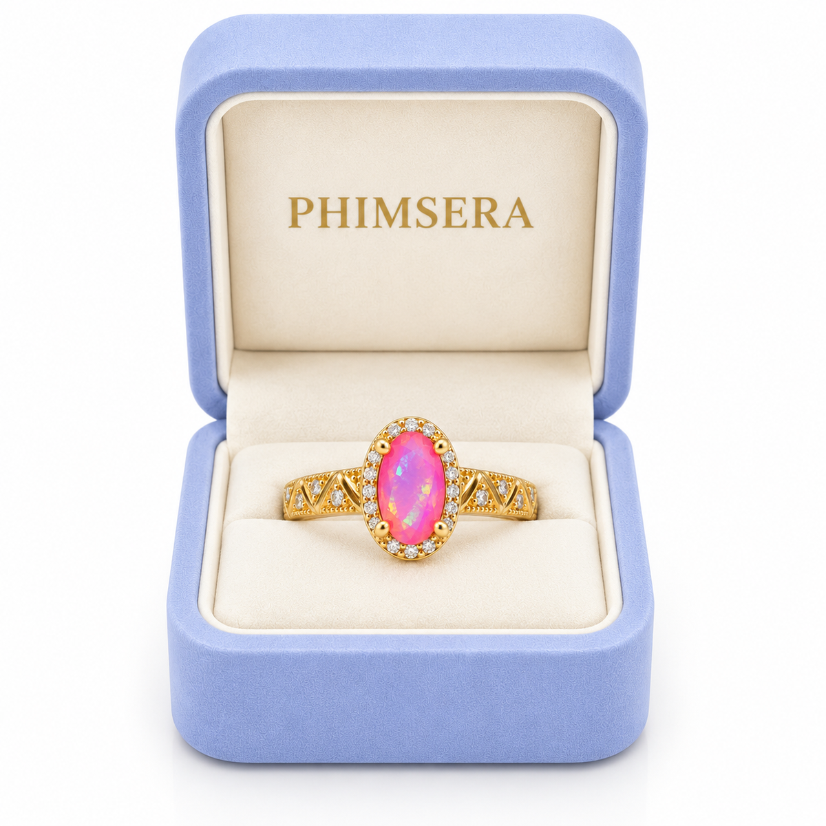 4x8mm pink Australian fire opal halo ring displayed inside a periwinkle Phimsera jewelry box with cream velvet interior and gold PHIMSERA lettering.