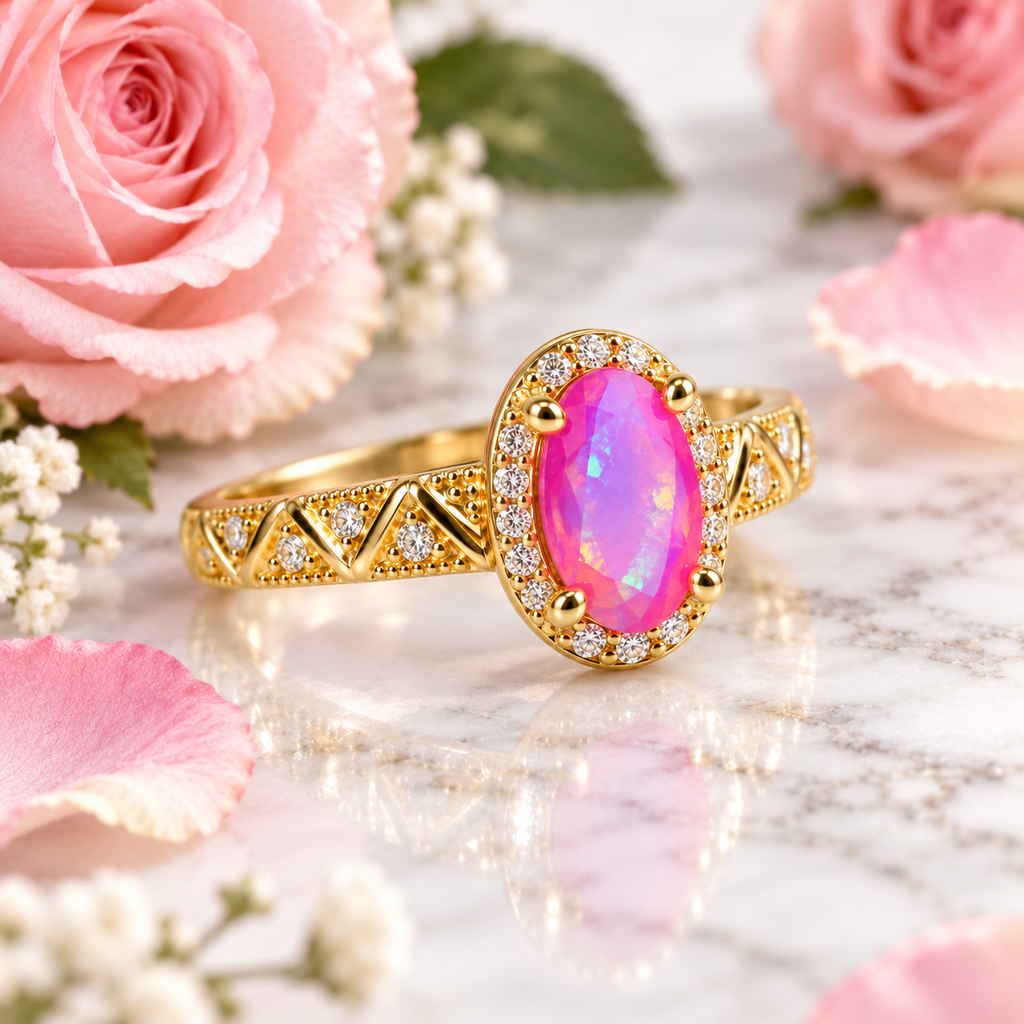 Pink Australian fire opal ring with a sparkling cubic zirconia halo and vintage geometric gold band displayed on white marble
