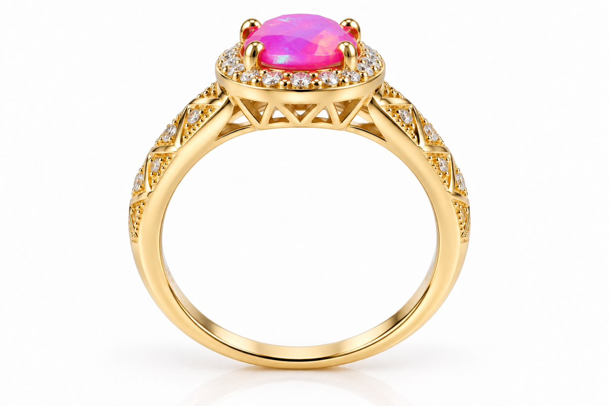 Side profile of a 4x8mm pink Australian opal halo ring showing the elevated gemstone setting, decorative gold plated zigzag pattern, and cubic zirconia accents extending along the band.