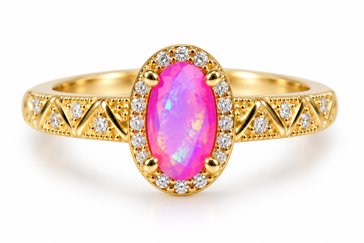 Top view of a dyed pink Australian fire opal ring with a 4x8mm oval gemstone, sparkling cubic zirconia halo, and repeating geometric zigzag band design.