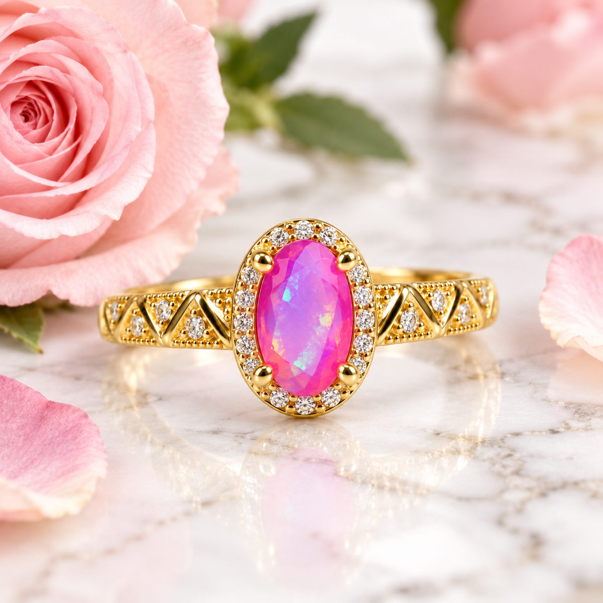 Pink Australian fire opal halo ring displayed on white marble with subtle gray veining, featuring a colorful oval gemstone and decorative cubic zirconia accents.
