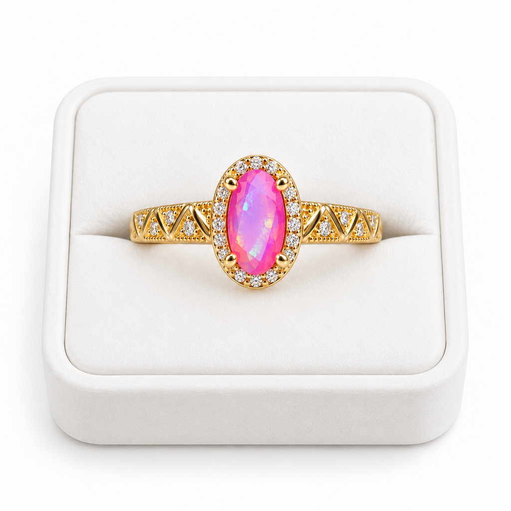 Pink Australian fire opal halo ring with a 4x8mm oval gemstone displayed on a white velvet jewelry tray against a clean white background.
