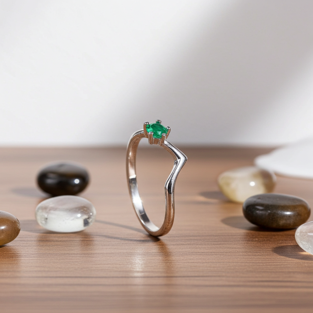 Dainty Natural Emerald Ring Platinum Plated Silver 3mm