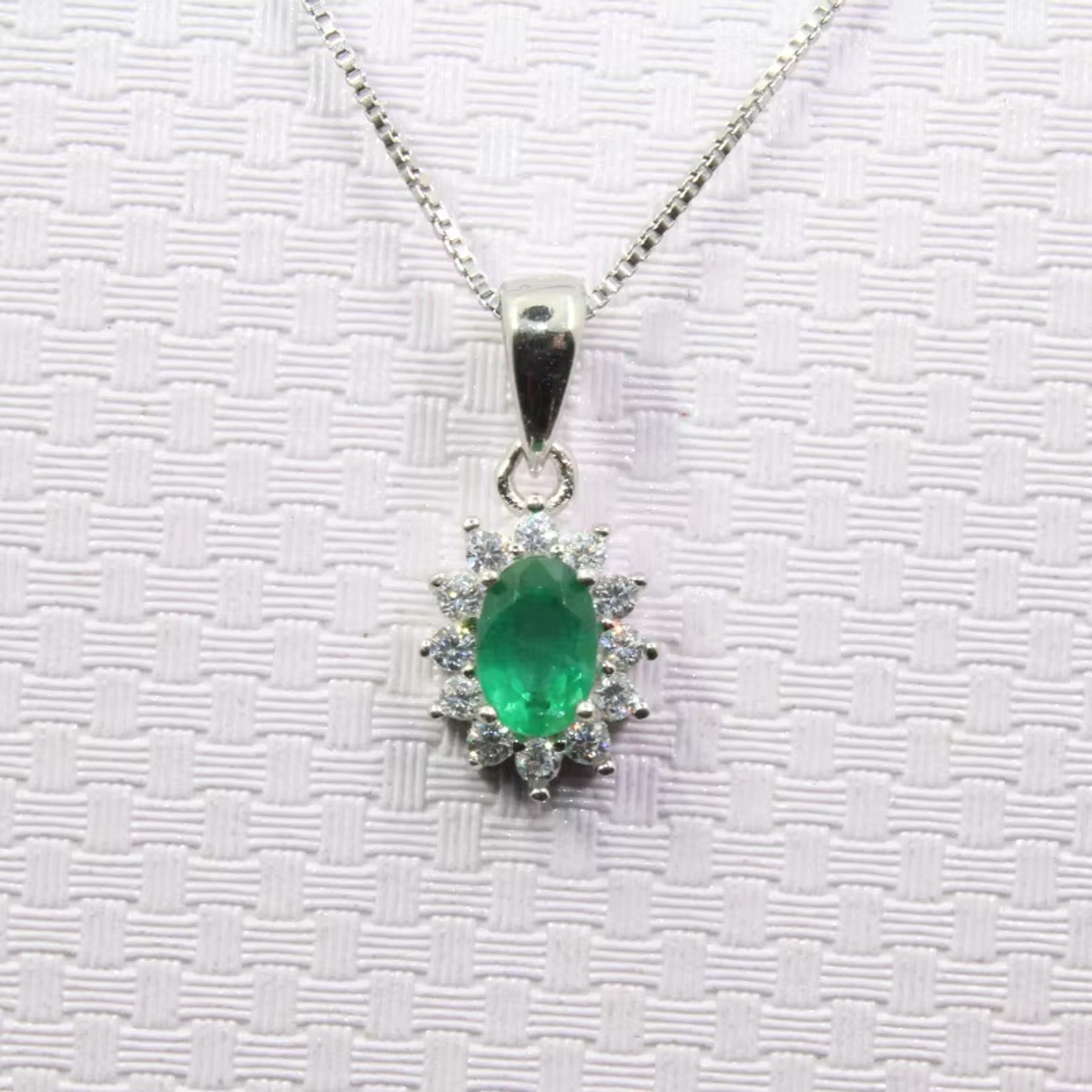 Natural Emerald Pendant Necklace, Genuine Emerald Necklace Sterling Silver 4x6mm