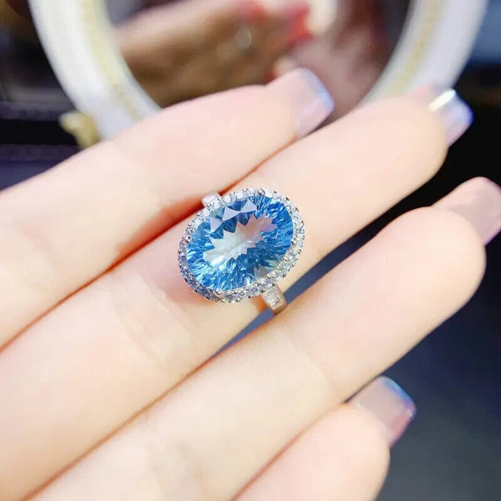 Swiss Blue Topaz Statement Ring, Natural Blue Topaz Gemstone Ring 10x14mm 9CT