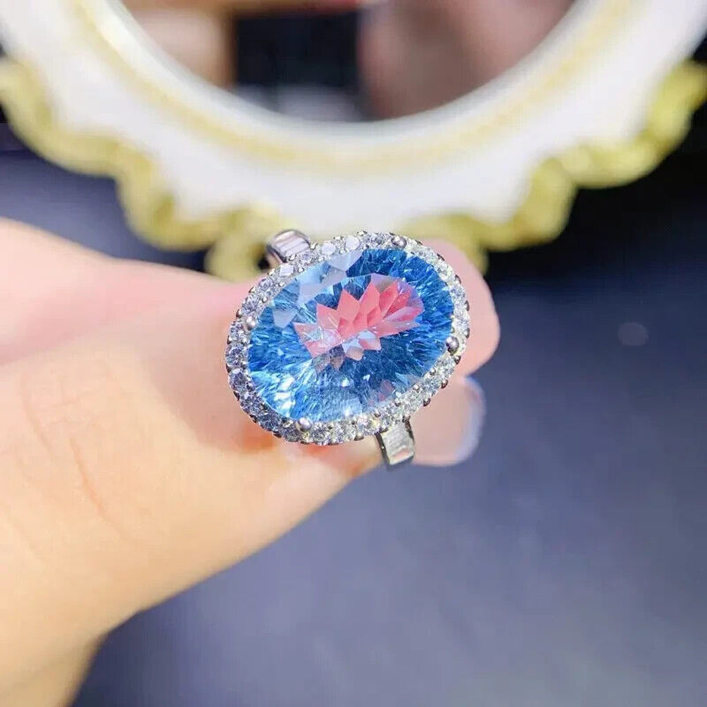 Swiss Blue Topaz Statement Ring, Natural Blue Topaz Gemstone Ring 10x14mm 9CT