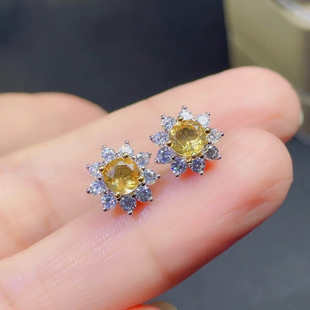 5x5mm Natural Citrine Flower Earrings, Genuine Citrine Stud Earrings Sterling
