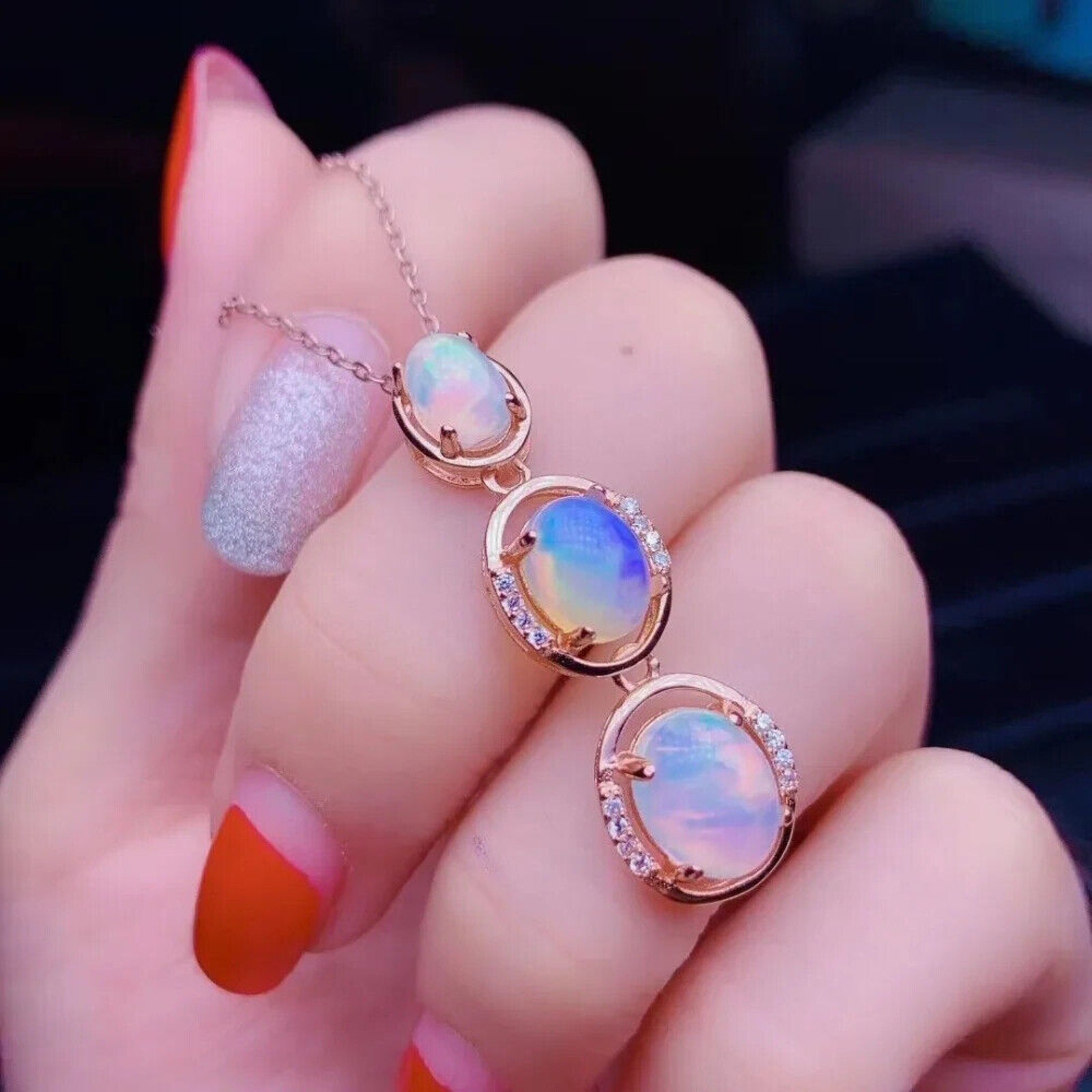 Natural Fire Opal 3 Stone Pendant Necklace, Fire Opal Pendant Necklace Sterling