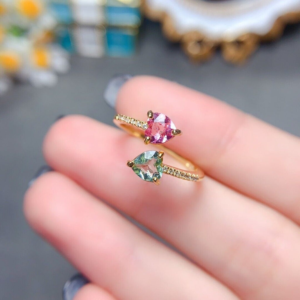 Tourmaline Dainty Heart Ring, Two Stone Colorful Tourmaline Gemstone Ring