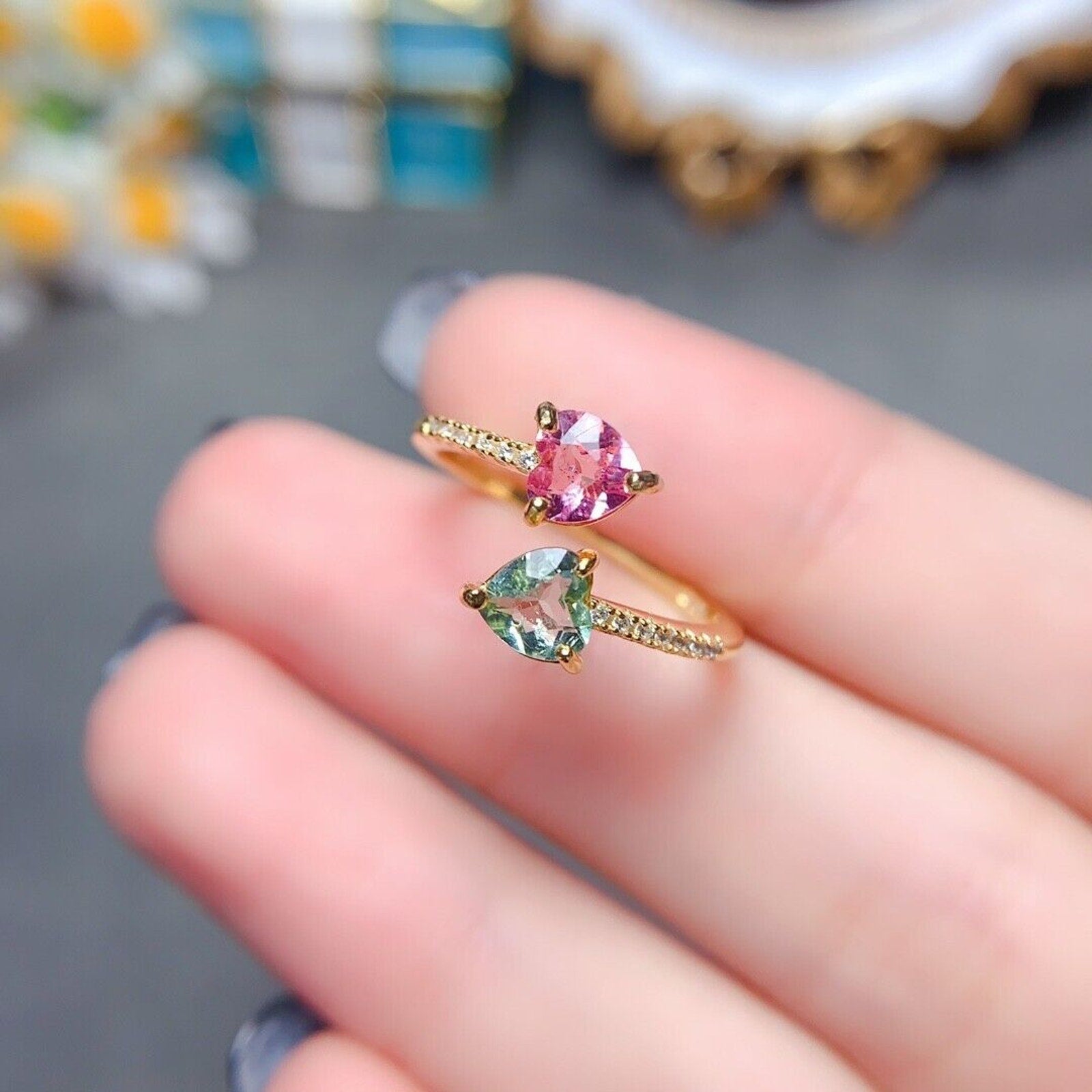 Tourmaline Dainty Heart Ring, Two Stone Colorful Tourmaline Gemstone Ring