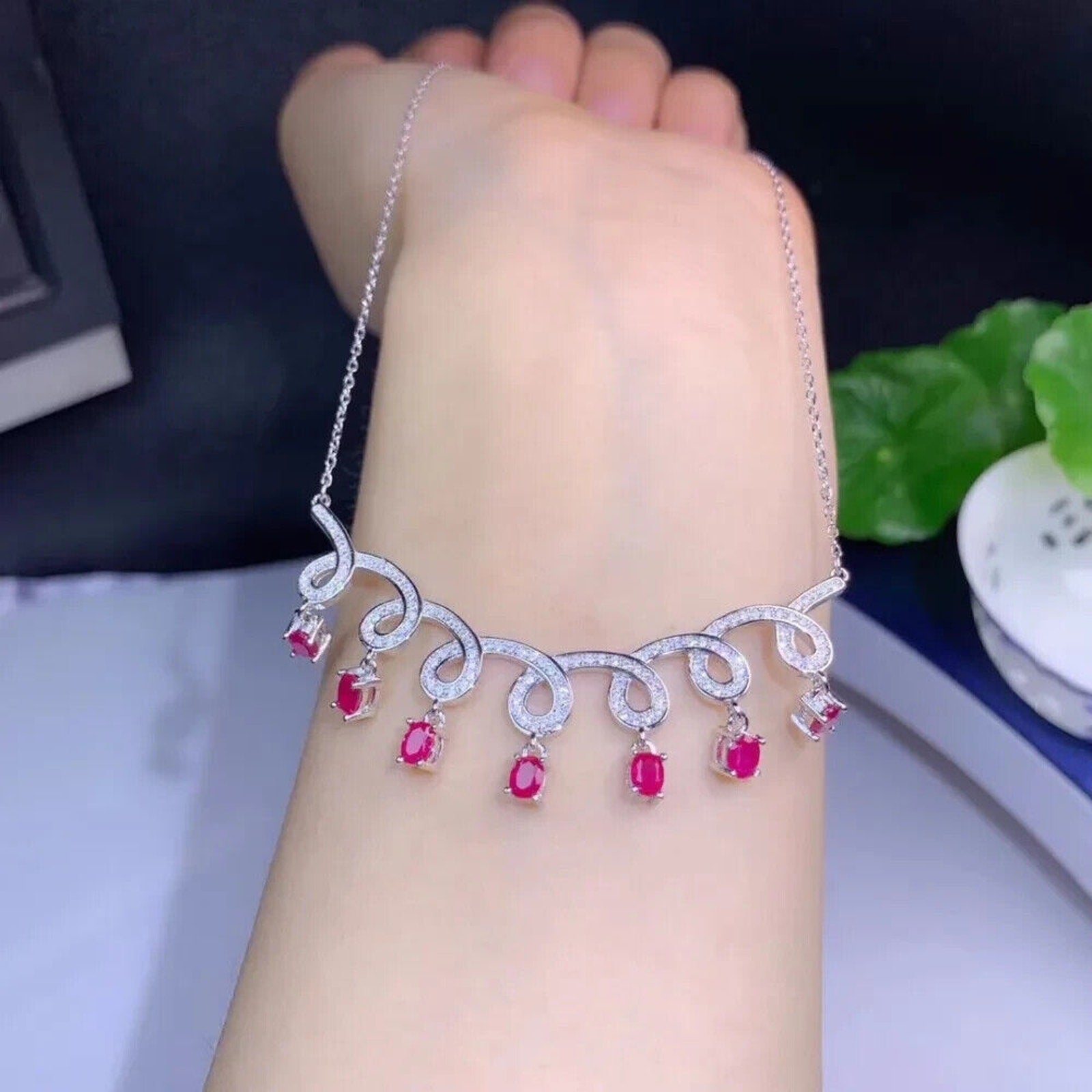 Natural Ruby Clavicle Chain Necklace, Genuine Ruby Charm Necklace 925 Sterling