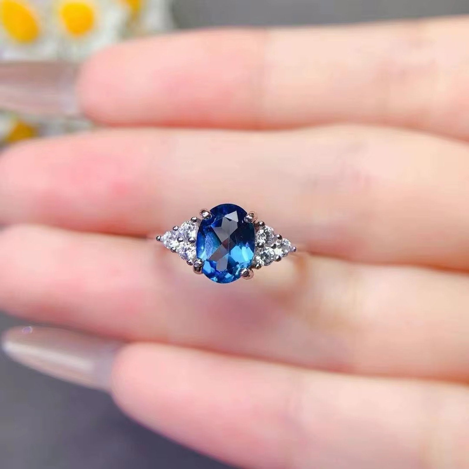 1CT London Blue Topaz Ring 925 Sterling Silver, Natural London Blue Topaz 6x8mm