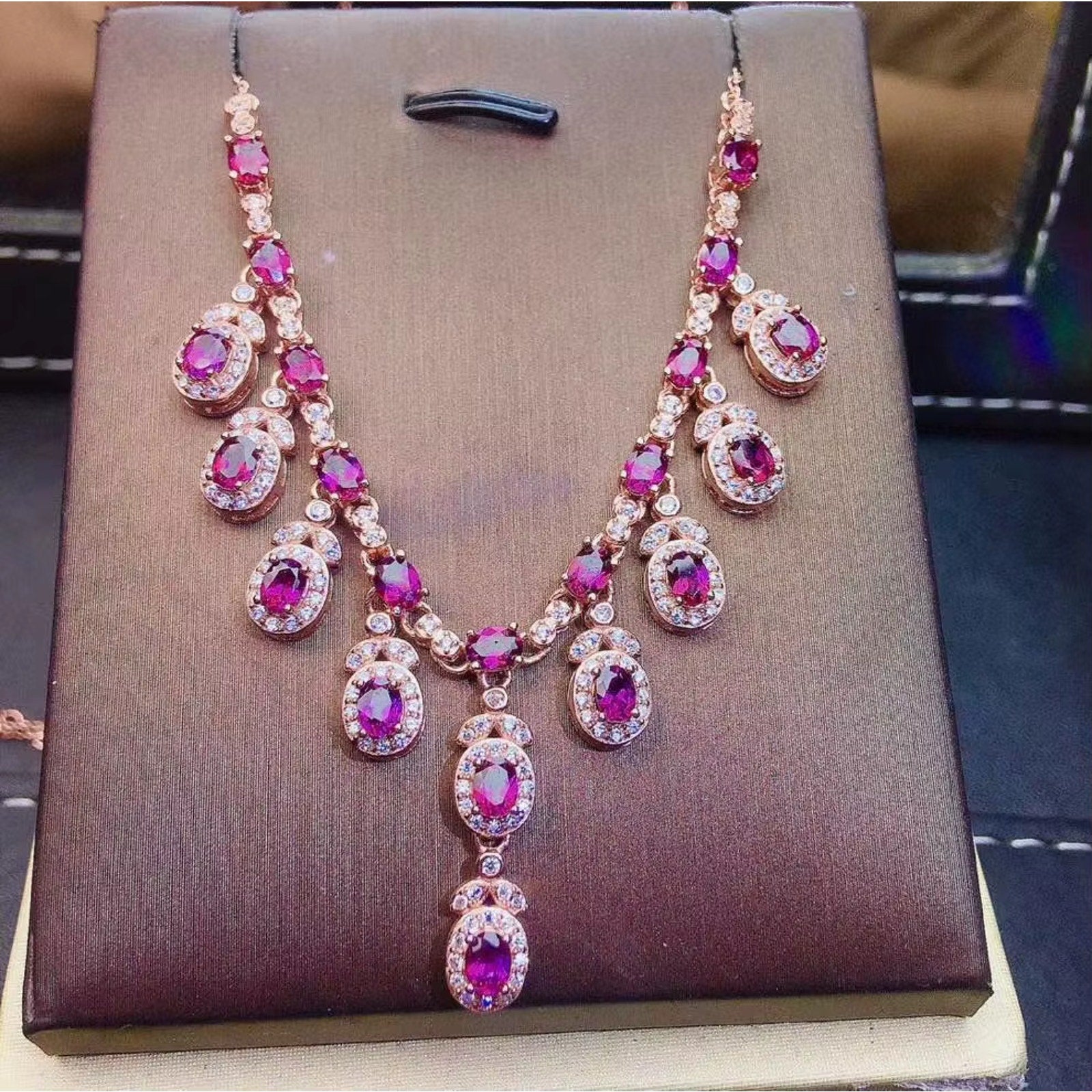 Natural Pink Garnet Charm Necklace 925 Sterling Silver, Garnet Necklace 3x4mm