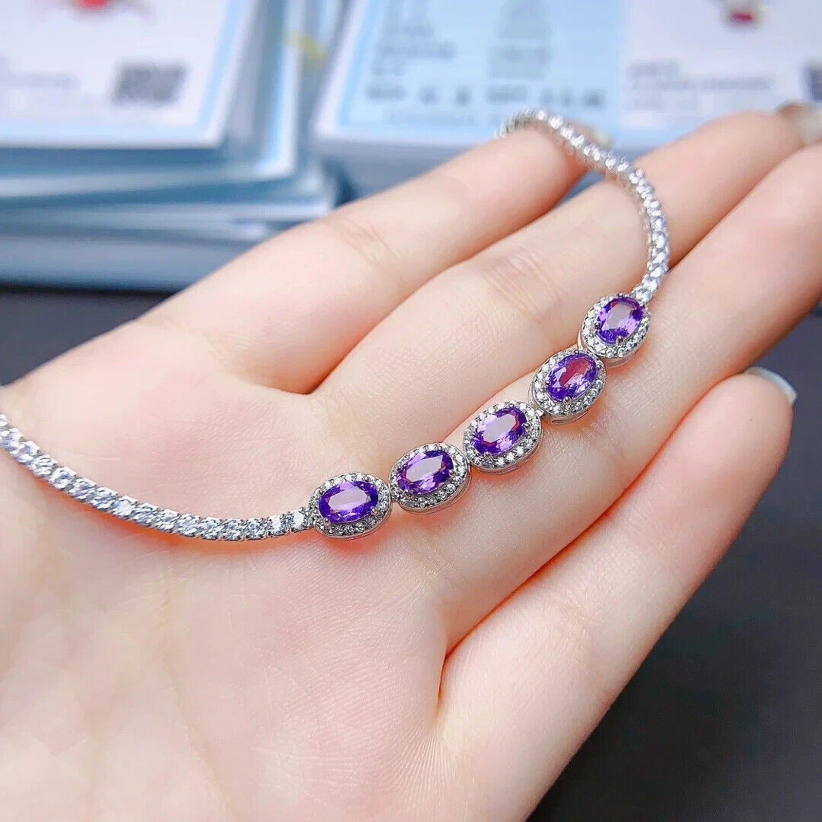 Natural Amethyst and Cubic Zirconia Tennis Bracelet, Amethyst Bracelet