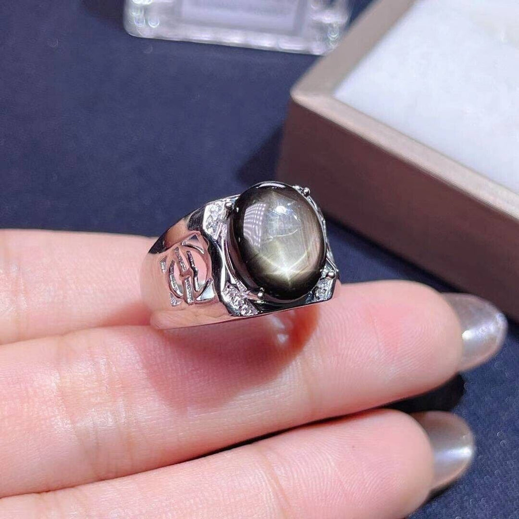 Men's Star Sapphire Ring, 10x12mm Natural Gray Star Sapphire Ring 925 Sterling