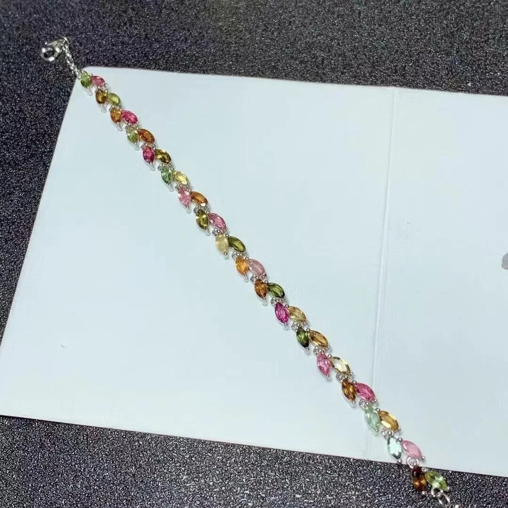 Colorful Tourmaline Gemstone Leaf Bracelet, Dainty Natural Tourmaline Bracelet