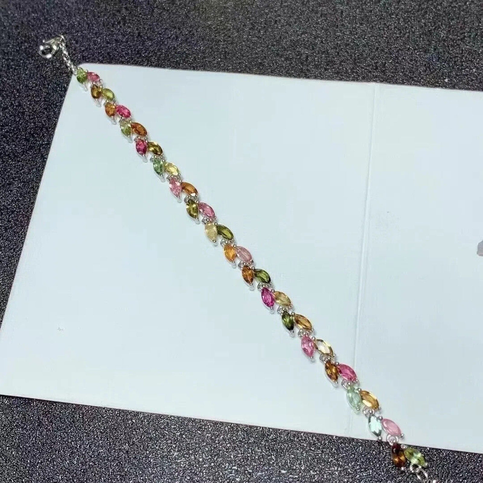 Colorful Tourmaline Gemstone Leaf Bracelet, Dainty Natural Tourmaline Bracelet