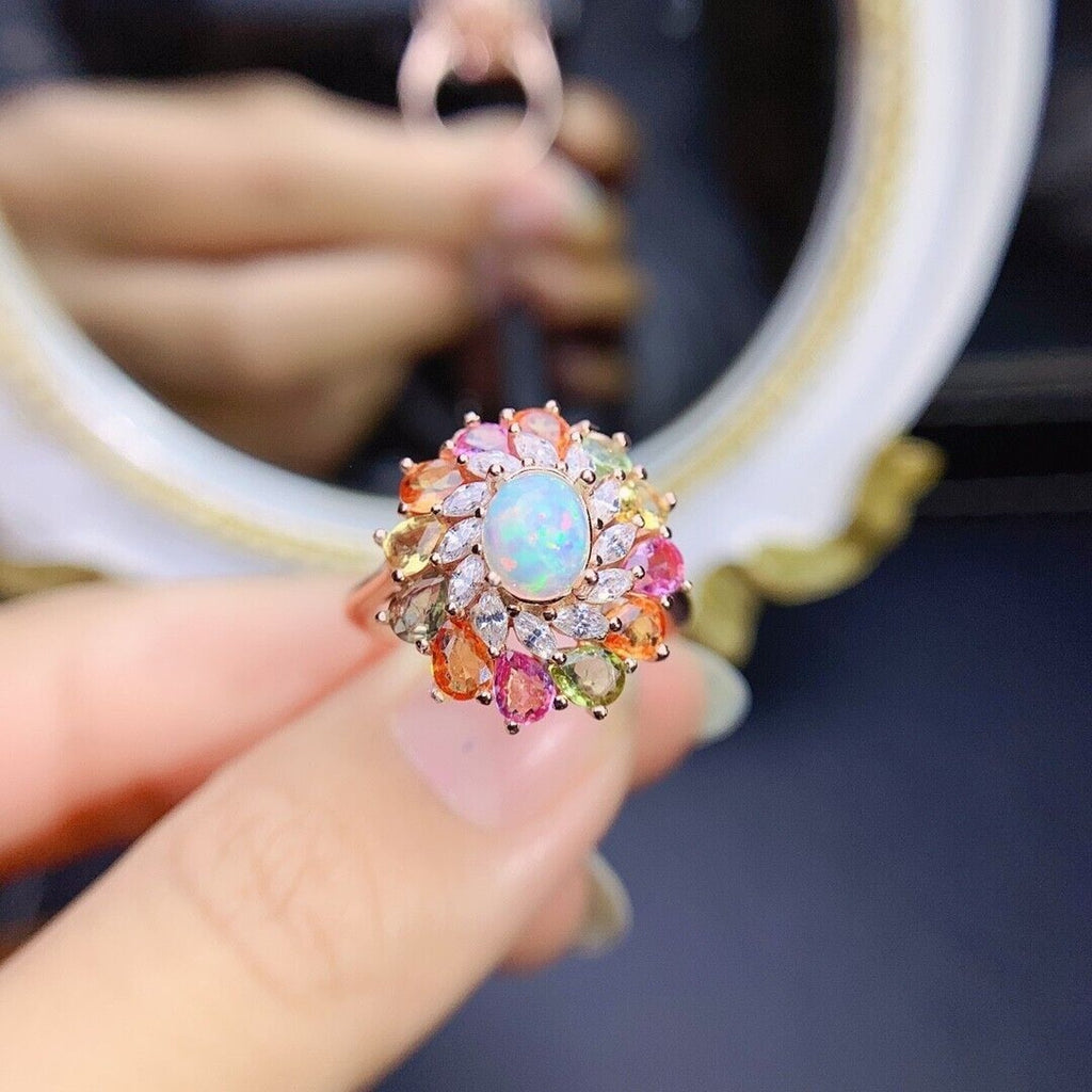 Australian White Opal and Sapphire Statement Ring, Colorful Sapphire and Opal