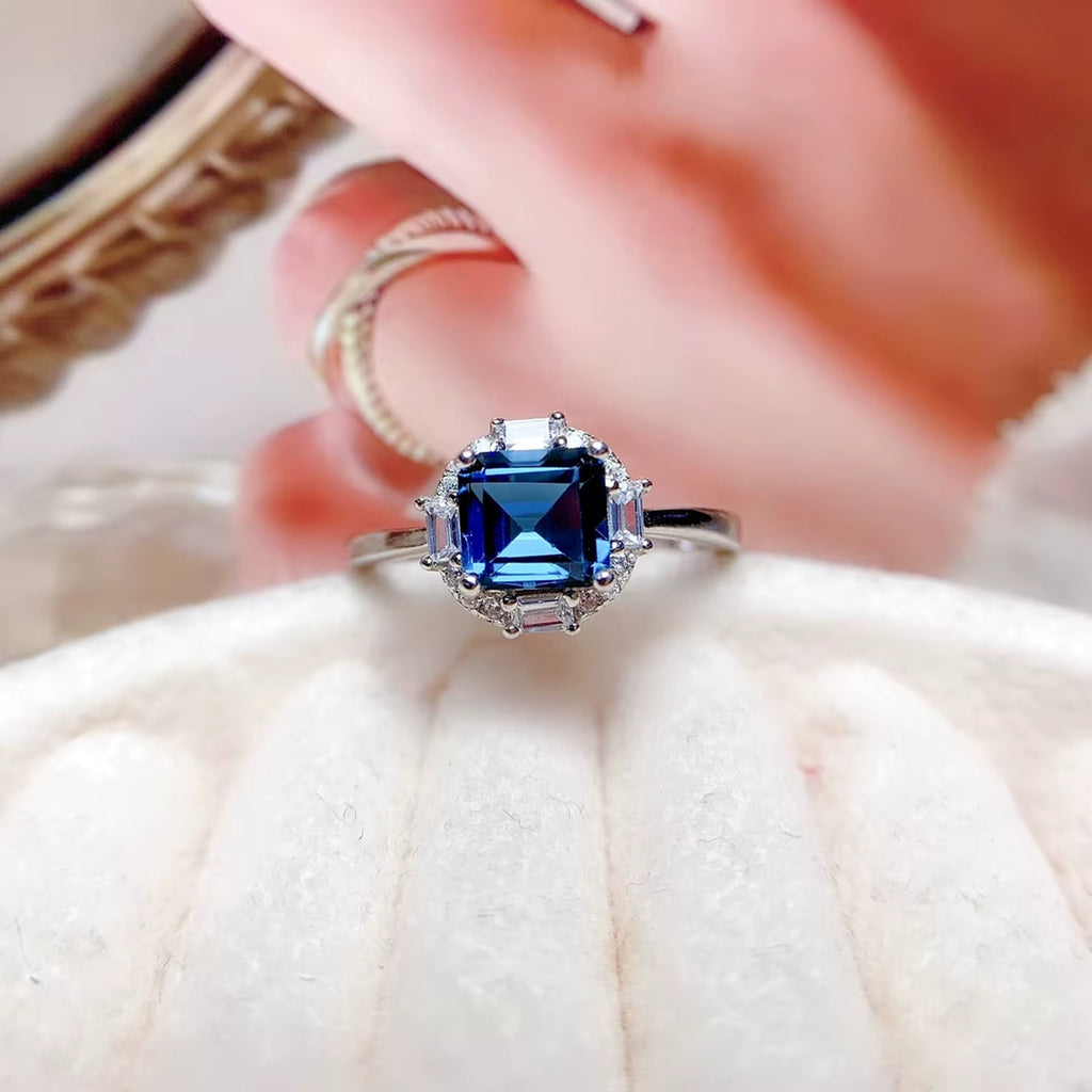 1.25Ct Asscher Cut London Blue Topaz Halo Engagement Ring 925 Sterling Silver
