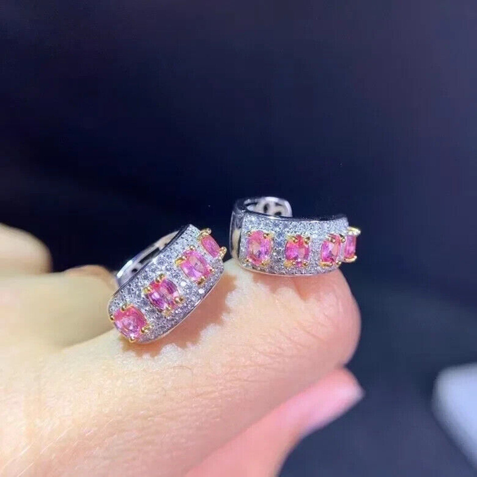 Natural Pink Topaz Sterling Silver Hoop Earrings, Pink Topaz Hoop Earrings