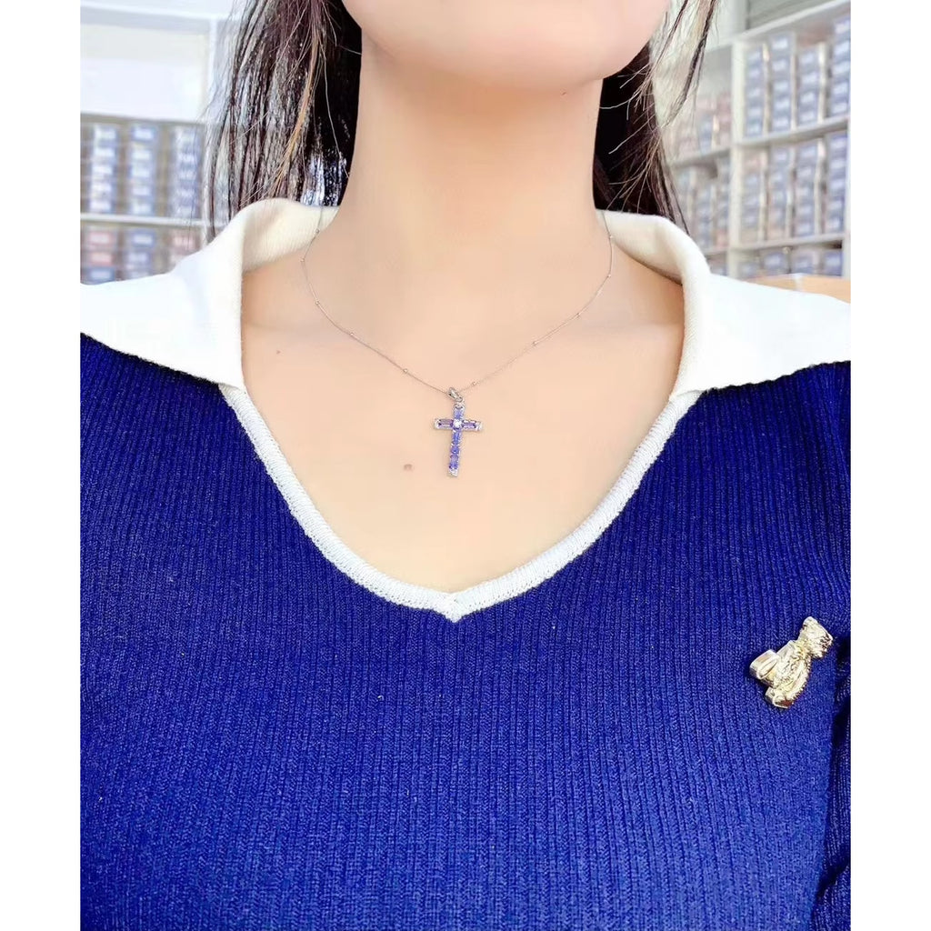 Purple Tanzanite Cross Necklace, Gemstone Cross Necklace 925 Sterling Silver