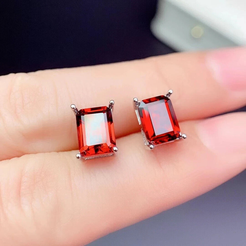 Natural Red Garnet Stud Earrings 6x8mm Platinum Plated, Red Garnet Stud Earrings