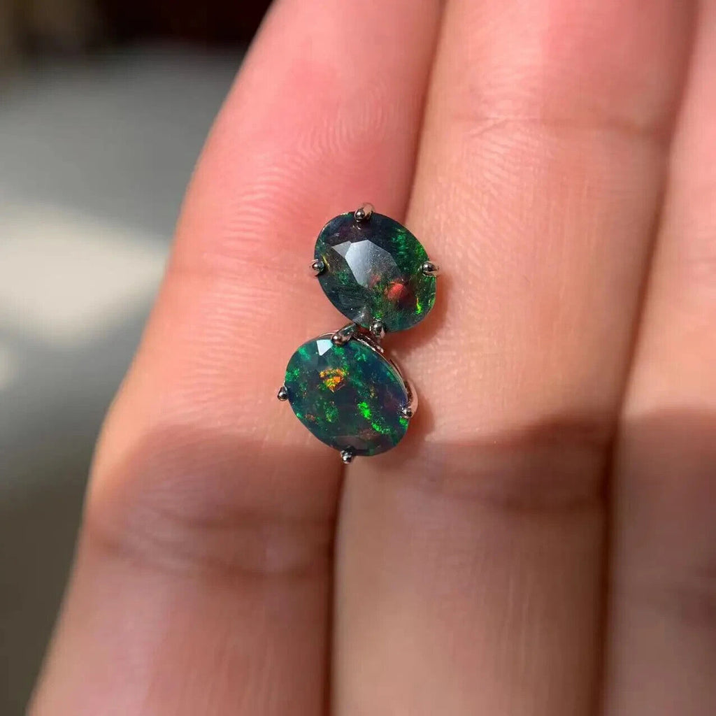Faceted Black Fire Opal Stud Earrings 7x9mm, Natural Fire Opal Stud Earrings