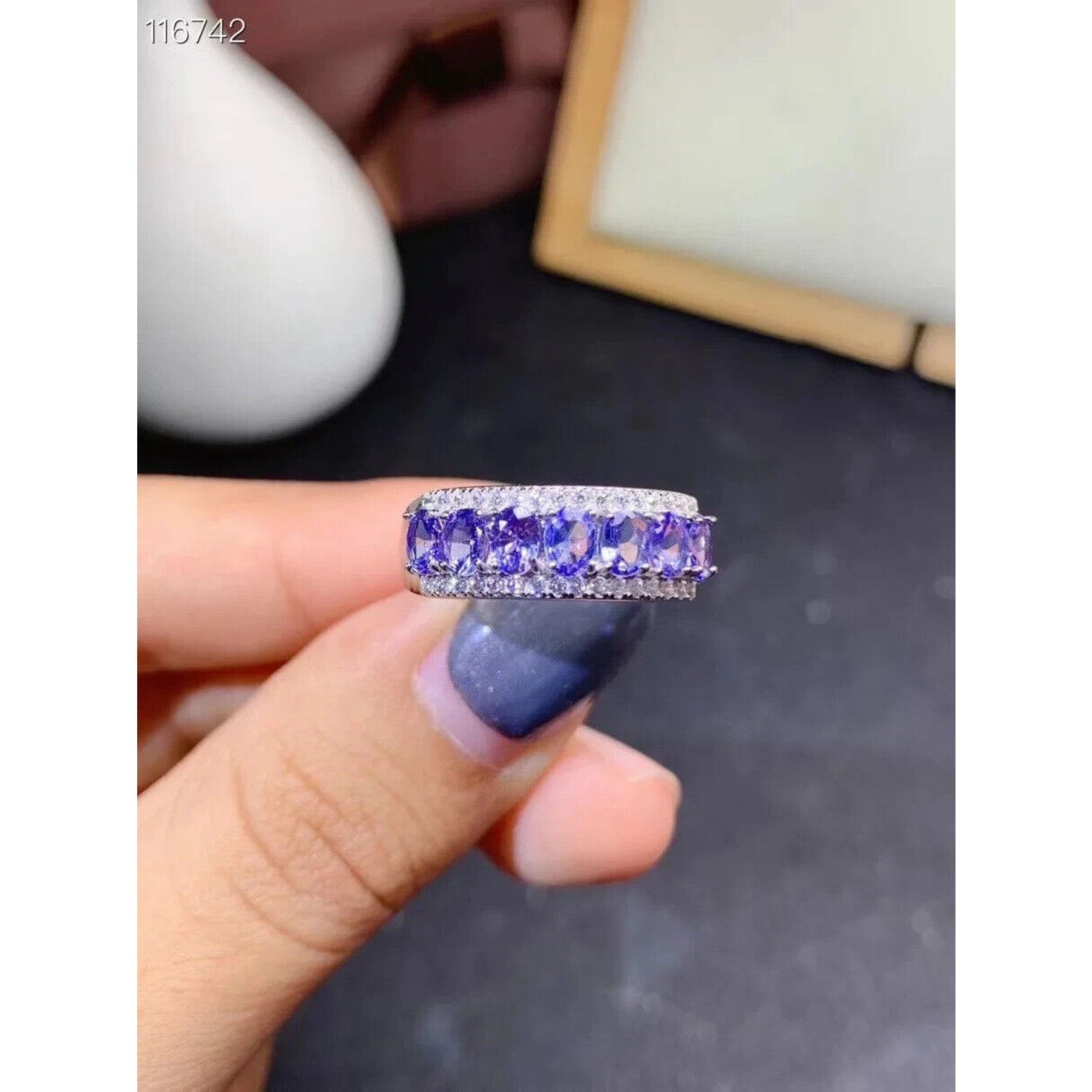 Natural Purple Tanzanite Band Ring 3x4mm Platinum Plated, Tanzanite Band Ring