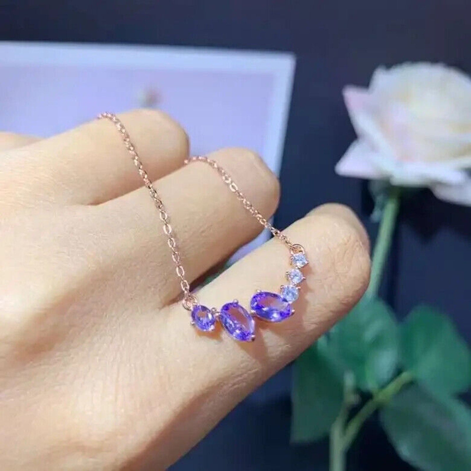 VVS1 Purple Tanzanite Clavicle Chain Necklace, Dainty Tanzanite Chain Necklace