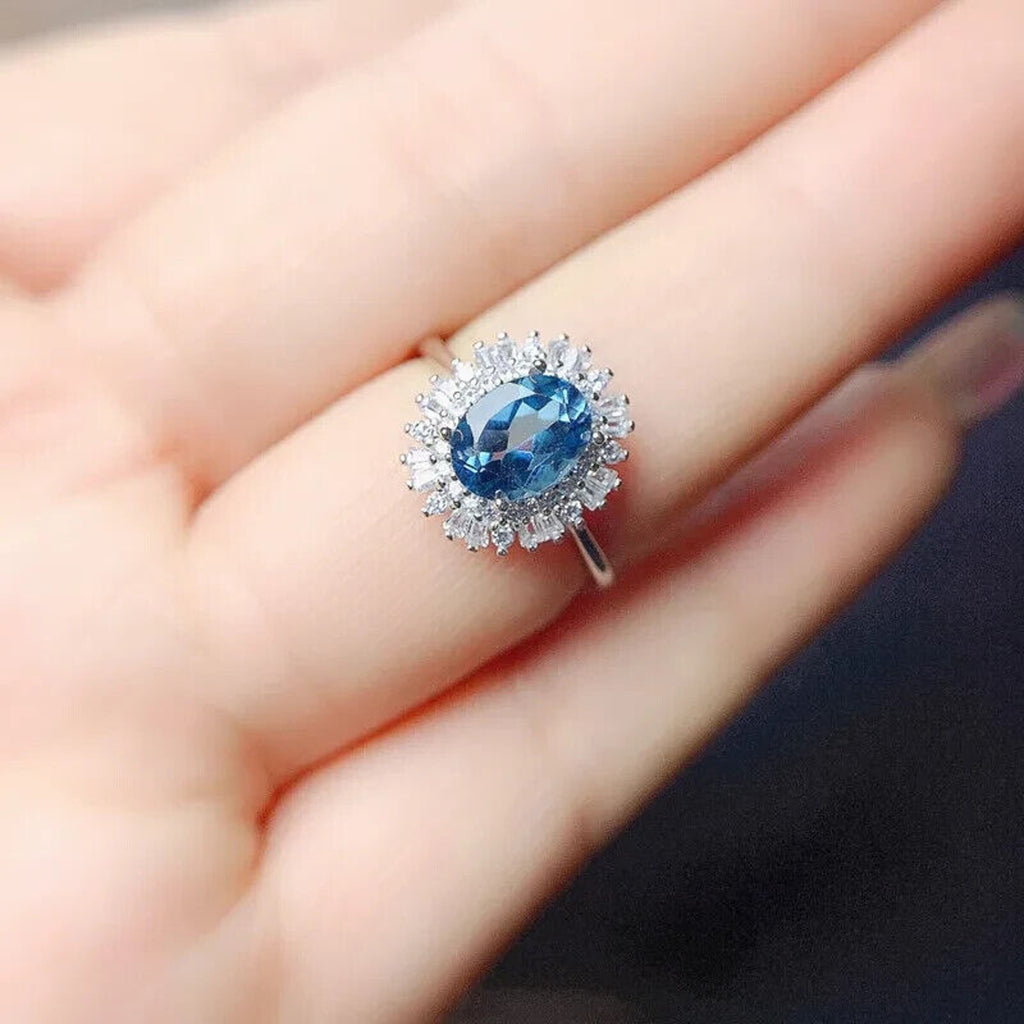 Swiss Blue Topaz Statement Ring, Natural Blue Topaz Gemstone Ring 6x8mm 1.6CT