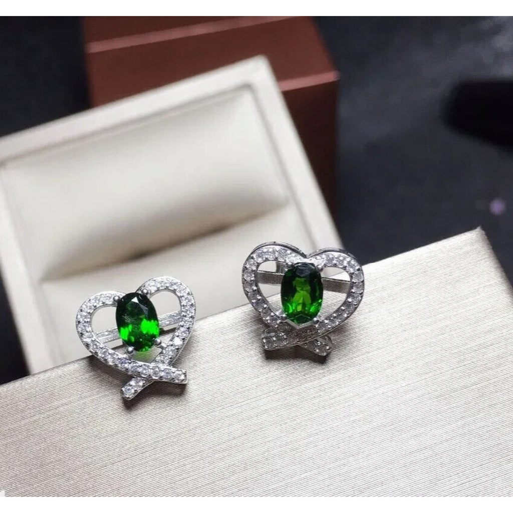 Chrome Diopside Heart Shape Stud Earrings, Natural Chrome Diopside Stud Earrings