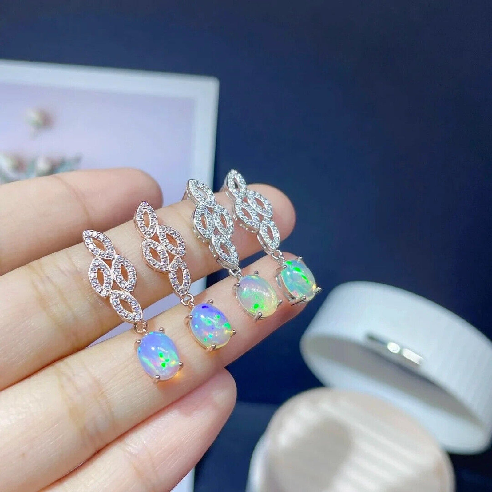 Natural Fire Opal Rose Gold Dangle Earrings, Colorful Fire Opal Earrings 6x8mm