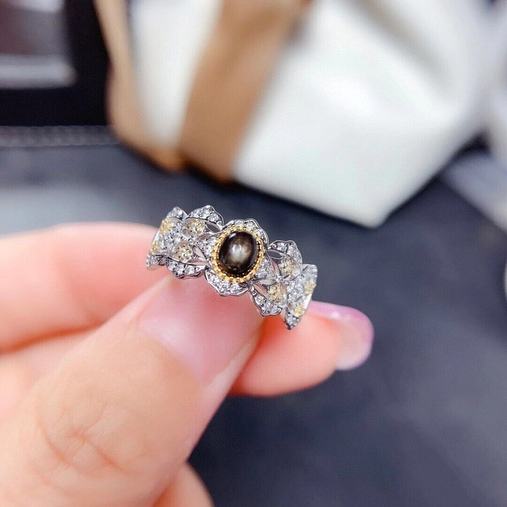 Natural Gray Star Sapphire Princess Ring, 4x5mm Star Sapphire Ring Platinum