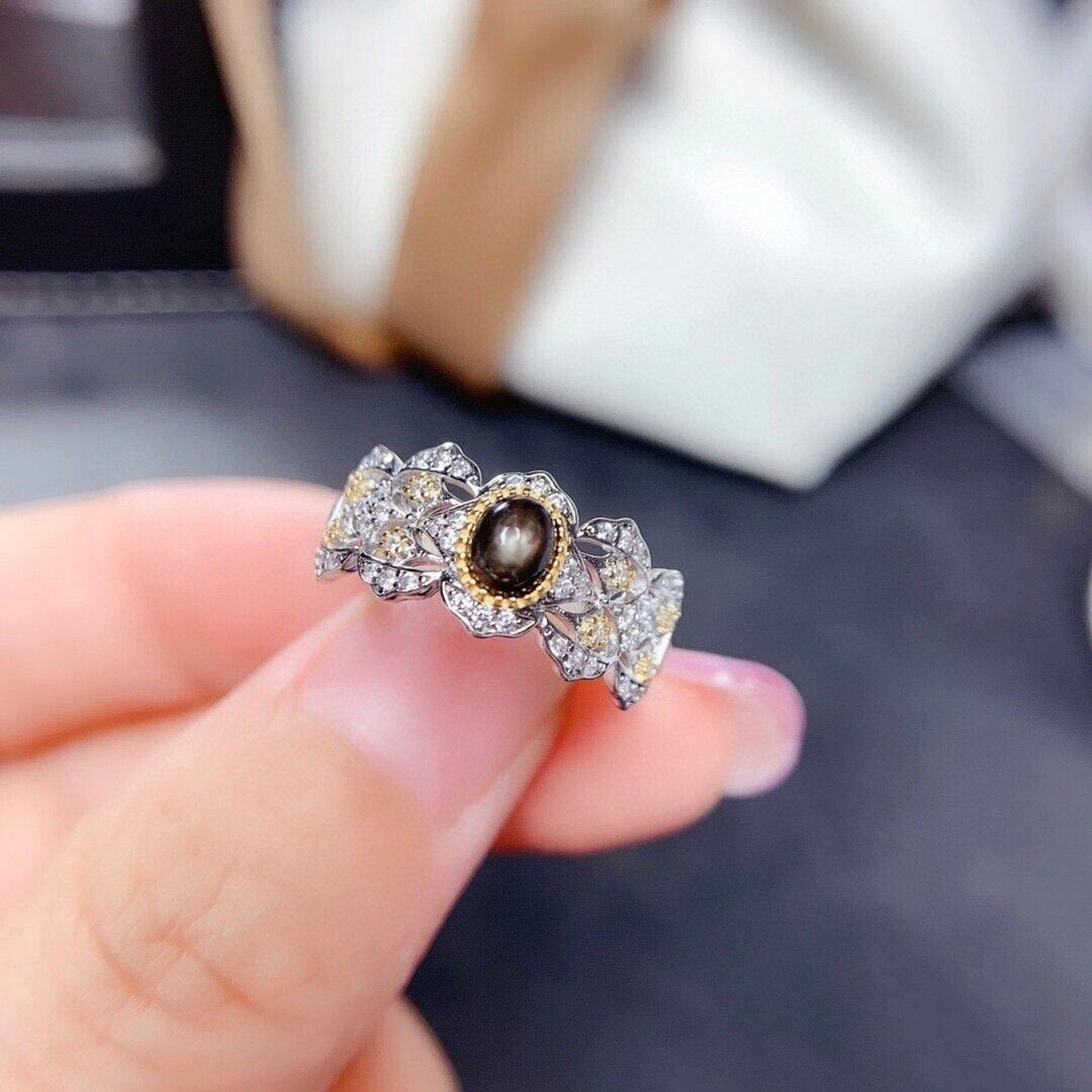 Natural Gray Star Sapphire Princess Ring, 4x5mm Star Sapphire Ring Platinum