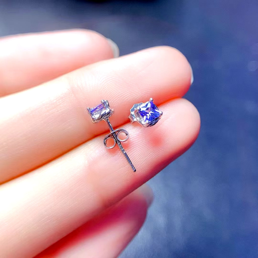 Natural Tanzanite Stud Earrings, Purple Tanzanite Earrings Sterling Silver