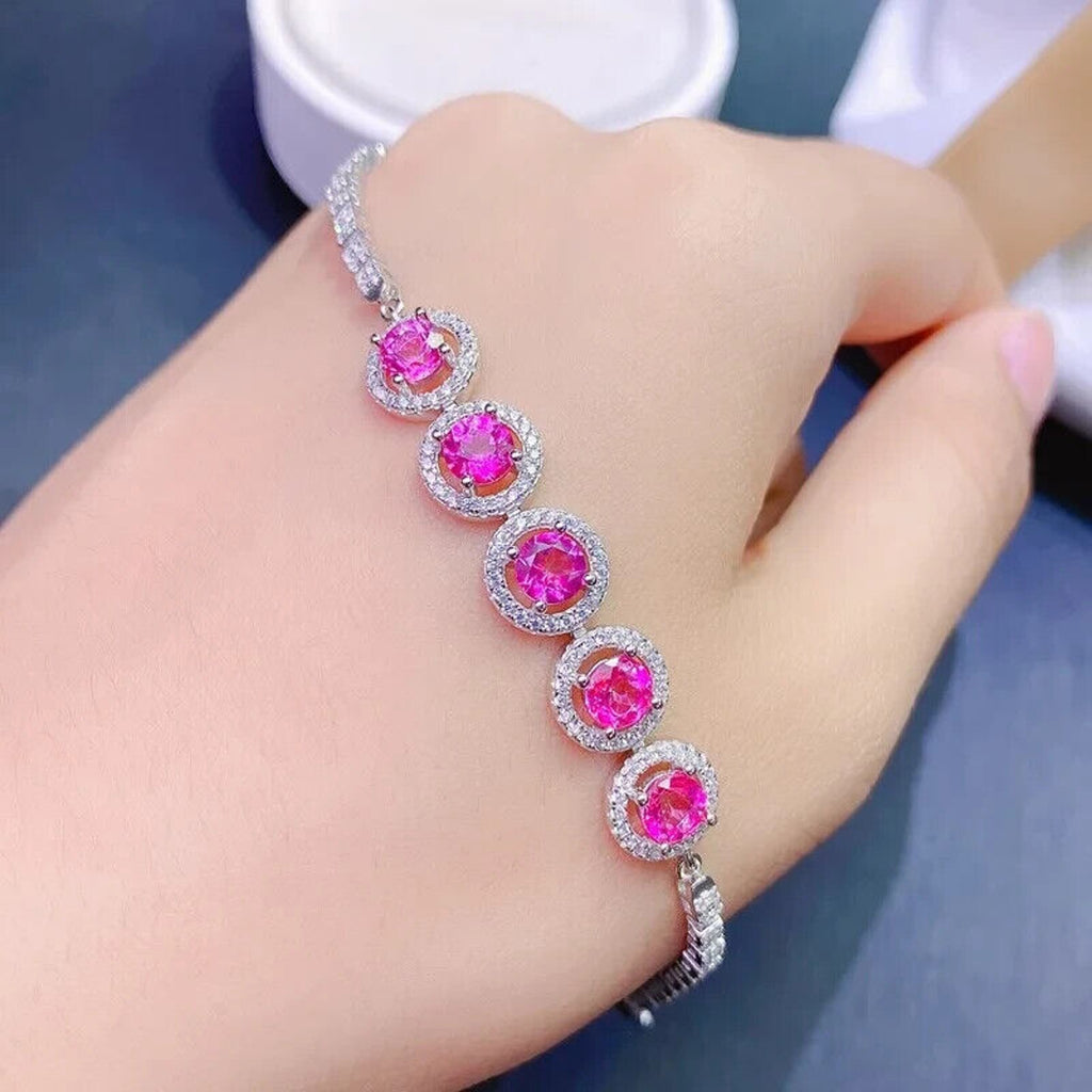 Natural Pink Topaz Gemstone Tennis Bracelet 5mm Platinum Plated Sterling
