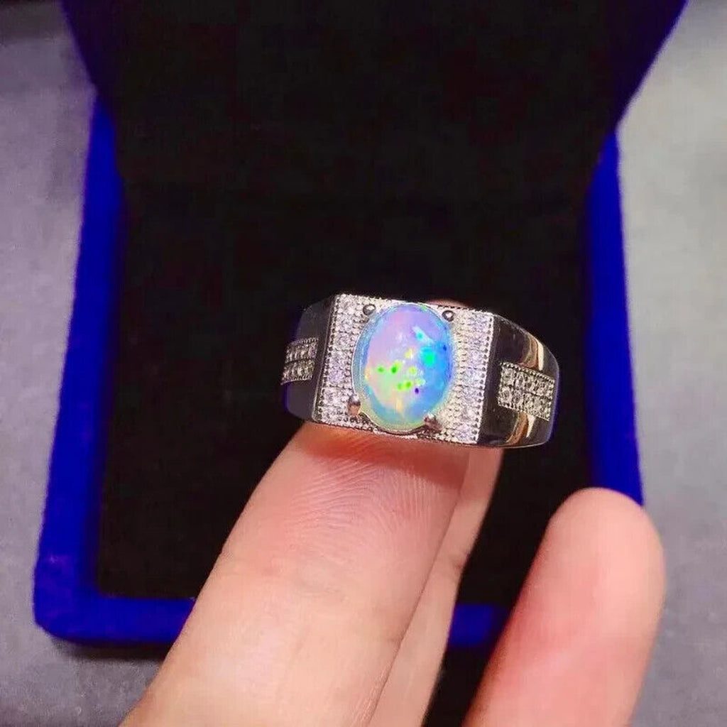 Men's White Fire Opal Cocktail Ring 8x10mm, Men's Natural Opal Ring