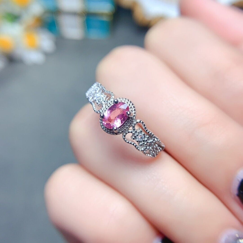 Dainty Pink Tourmaline Gemstone Ring 4x6mm Platinum Plated Silver