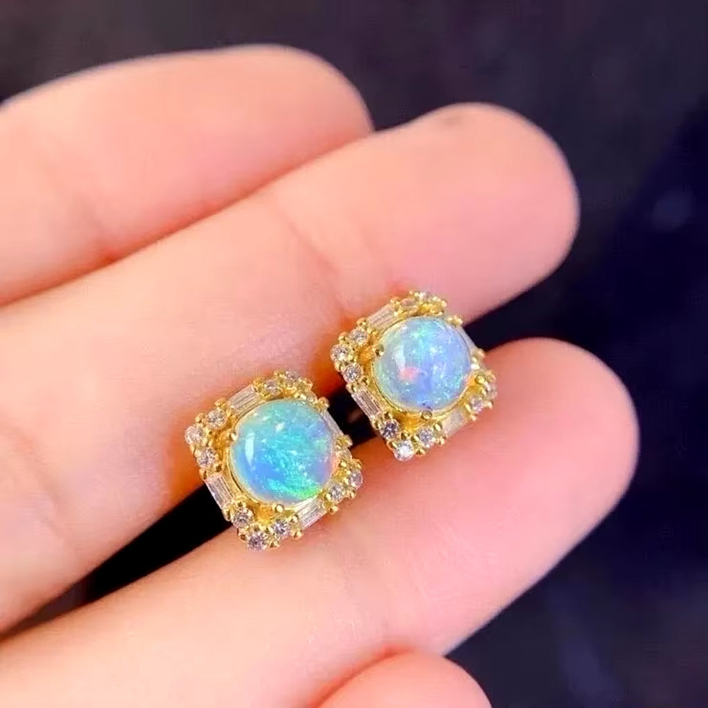 Natural Fire Opal Earrings, Women's Opal Stud Earrings 925 Sterling Silver 5mm