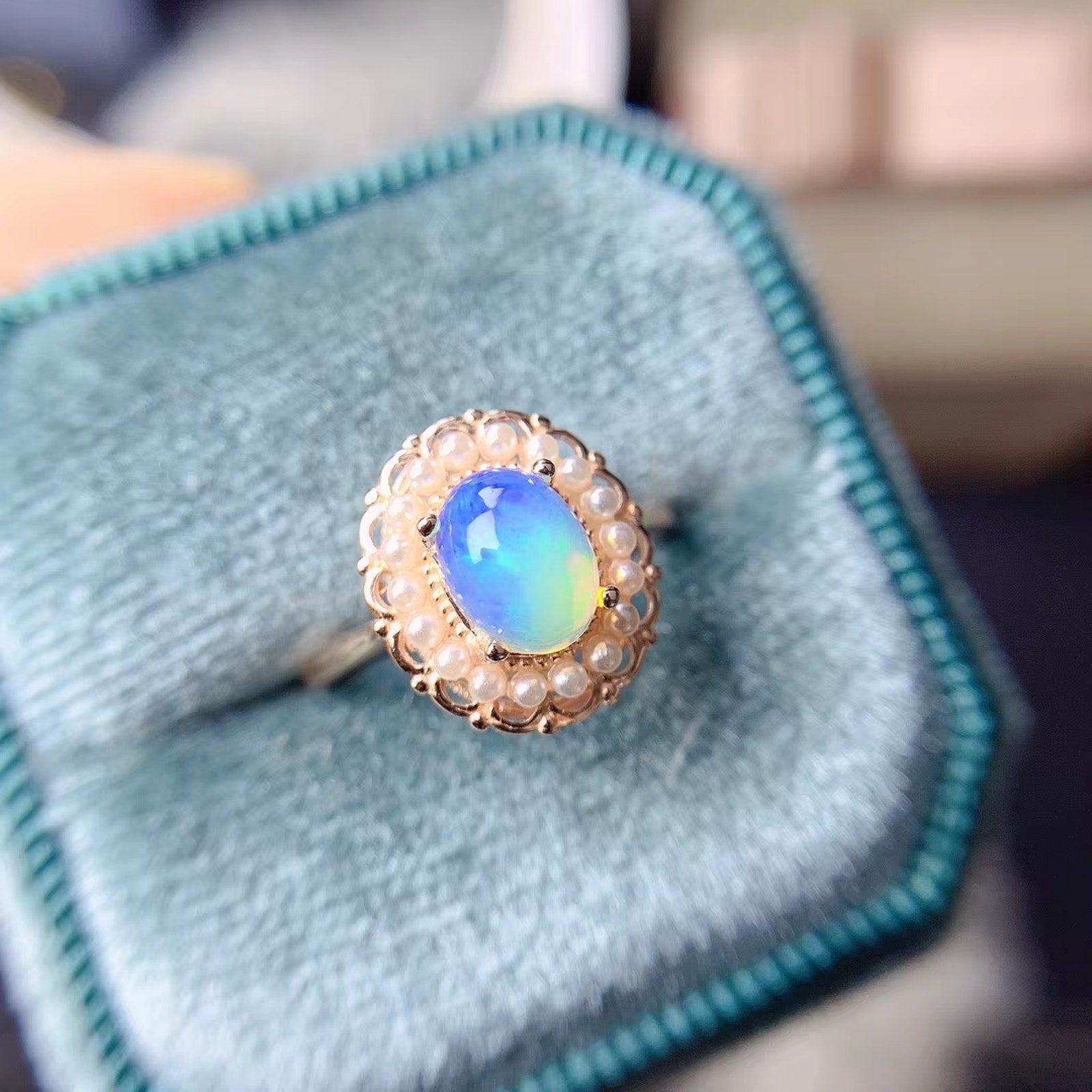 Fire Opal and Faux Pearl Jewelry Set, Natural Fire Opal Necklace and Ring