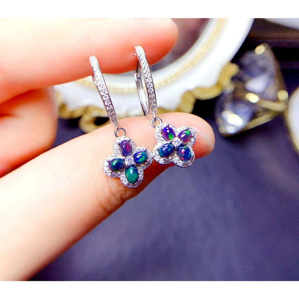 Black Fire Opal Hoop Earrings, Colorful Fire Opal Earrings 925 Sterling Silver