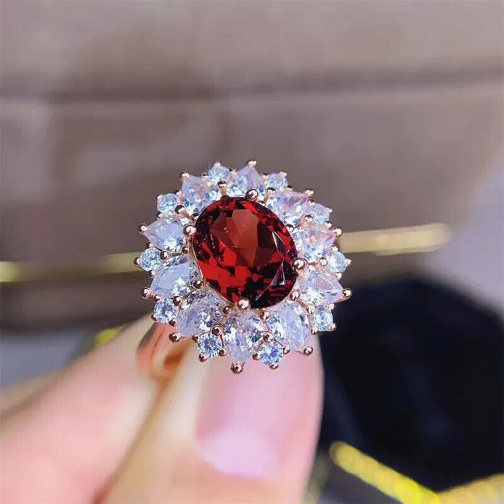 Red Garnet Cluster Statement Ring 7x9mm Platinum Pated Sterling Silver