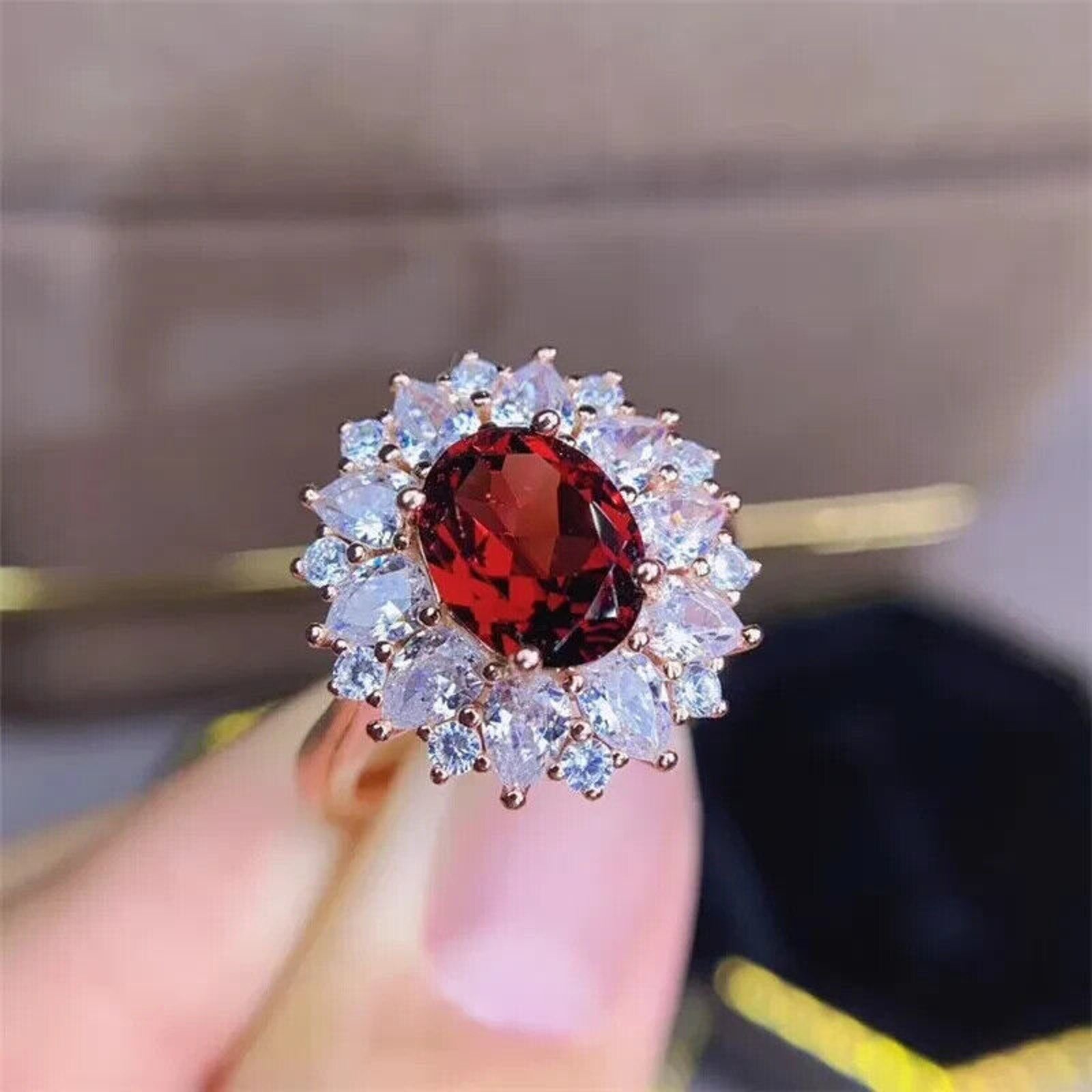 Red Garnet Cluster Statement Ring 7x9mm Platinum Pated Sterling Silver