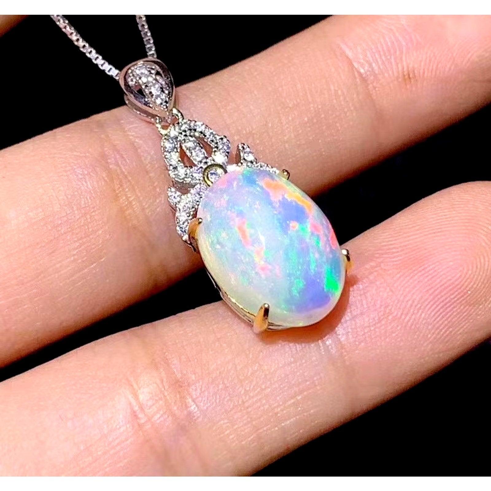 Natural Fire Opal Pendant Necklace, Women's Opal Pendant Necklace 10x14mm