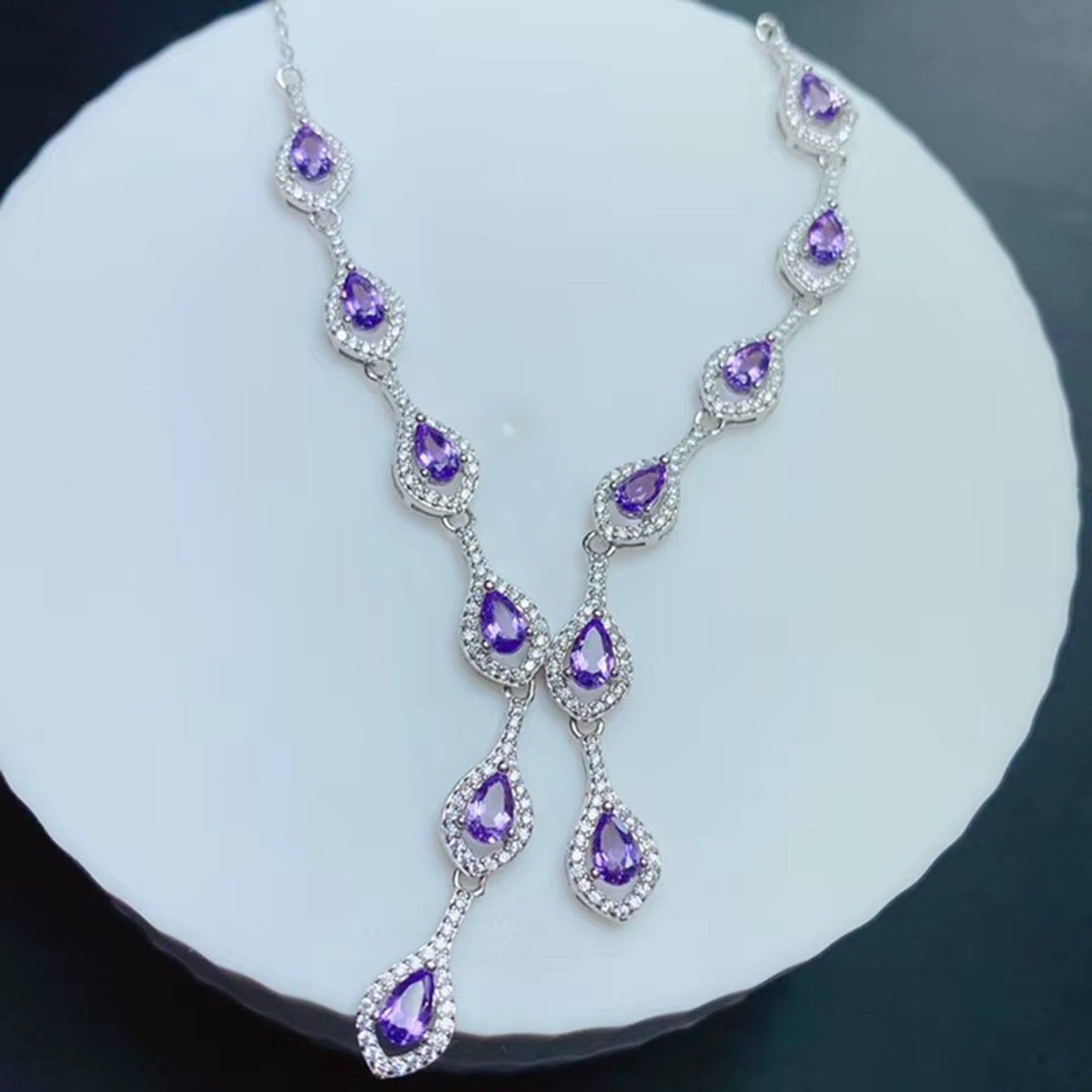 Natural Amethyst Gemstone Clavicle Necklace 925 Sterling Silver 3x5mm